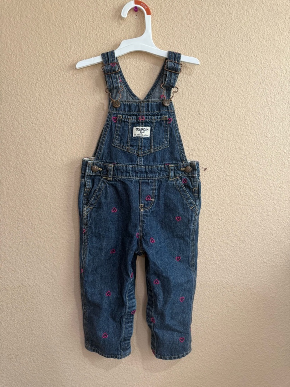 OshKosh B'gosh Dark Blue Denim Overalls with Pink Heart Details-18months
